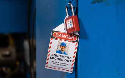 Ett hänglås med en varningstagg.