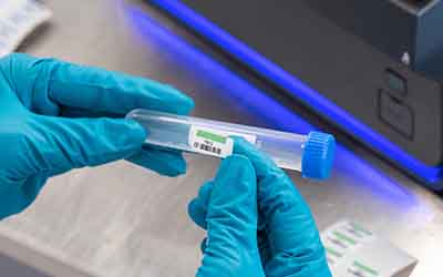 En kemist applicerar en etikett på en laboratorievial.