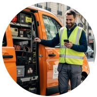 en installatör som tittar på mobilen med en skåpbil i bakgrunden