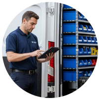 Installatör med en skåpbil som öppnas i bakgrunden