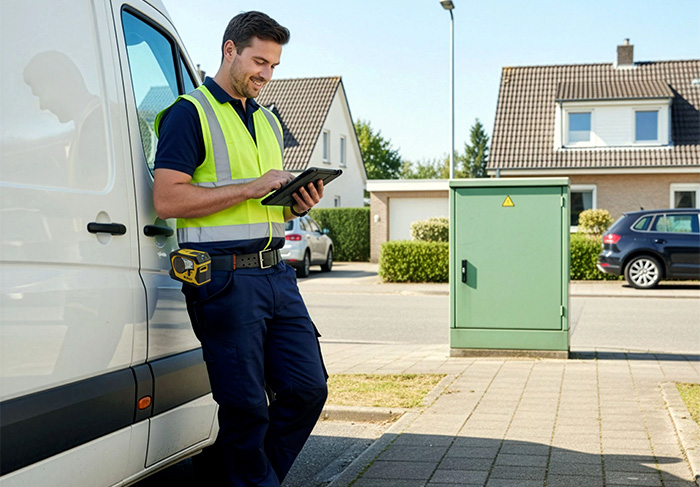 en elektriker vid skåpbil med telefon i bild
